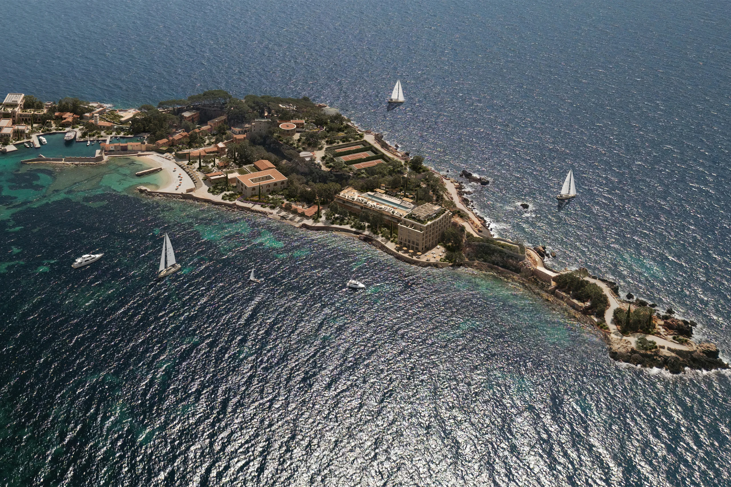 Aerial view of Ile de Bendor and Zannier Bendor resort